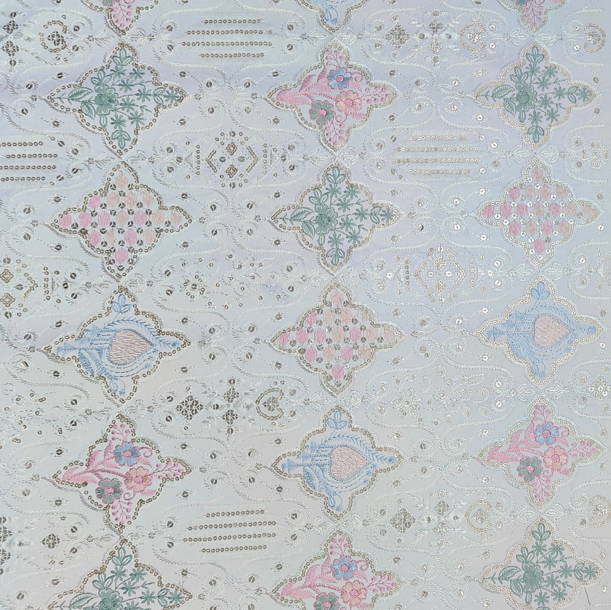Kurta Fabric ManTire Designer Silk Lucknowi Chikankari Jaal Work Embroidery Colour White, Powder Blue N Blush Pink